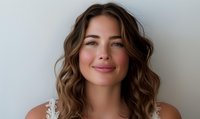 Young woman with wavy brown hair and natural makeup smiling softly against neutral background, wearing white lace top.