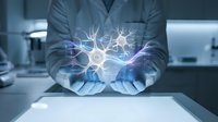 Medical professional holding glowing neural network connections representing neuroscience research and brain health innovation in modern laboratory setting.