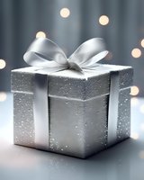 Silver glittery gift box with satin ribbon bow against soft bokeh lights background for holiday celebrations and special occasions.