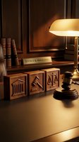 Elegant law office desk with wooden gavel, legal books, brass lamp and carved justice symbols creating professional attorney workspace atmosphere.