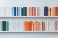 Minimalist white bookshelf with color-coordinated books arranged in gradient pattern from white through blue, green, coral and orange creating modern aesthetic appeal.