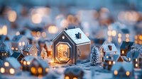 Miniature winter village scene with glowing houses and tiny decorated trees creating magical holiday atmosphere against blurred bokeh lights background.