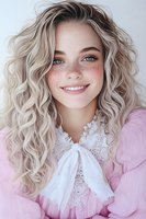 Young Caucasian woman with freckles and long wavy platinum blonde hair wearing pink blouse with white lace bow collar smiling at camera against light background.