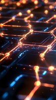 Glowing orange and blue hexagonal network pattern with connected nodes and light trails on dark background, representing digital technology and connectivity.