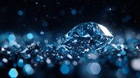 Brilliant diamond on dark background with blue bokeh lights and sparkles, luxury jewelry concept for precious gems and wealth presentation.