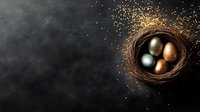 Bird nest with metallic copper, silver and gold eggs on dark background with magical glowing sparkles and copy space for seasonal greeting cards.