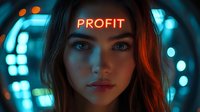 Young woman with intense gaze illuminated by neon profit sign in dark urban setting with bokeh lights creating moody cyberpunk atmosphere and business concept.