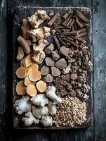 Assorted traditional Chinese medicine ingredients and herbs arranged on rustic wooden board including ginger root, dried mushrooms and bark pieces. Dark moody lighting.