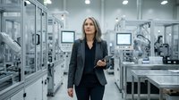 Middle-aged woman with long gray hair and glasses wearing dark business blazer walking through modern industrial manufacturing facility with automated machinery and control panels.