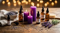 Lavender essential oil bottles with purple candles and dried flowers on rustic wooden table. Aromatherapy spa wellness relaxation concept with warm bokeh lights.