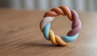 Twisted ring in pastel colors brown, pink, blue and yellow on wooden surface with soft blur background, modern minimalist design jewelry concept.