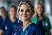 Confident female doctor in scrubs smiling at camera with medical team in background at hospital. Healthcare professional leadership concept.