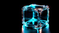 Glowing blue neon ice cube on black background with dramatic lighting and reflections creates futuristic minimal composition for modern design projects.