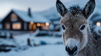 Young donkey portrait in winter with snowflakes falling, cozy wooden cabin with warm glowing windows and mountain landscape in blurred background.