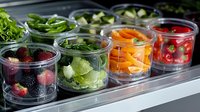 Fresh fruits and vegetables in transparent containers on refrigerator shelf, including strawberries, lettuce, carrots and tomatoes, organized for meal prep and healthy eating.