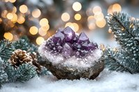 Raw amethyst crystal cluster nestled in snow with pine branches and bokeh lights creating magical winter holiday atmosphere. For spiritual and seasonal designs.