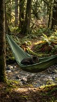 Tabby cat sleeping peacefully in green hammock surrounded by lush forest with ferns and moss-covered trees creating serene woodland camping scene.
