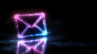 Glowing neon envelope icon with pink and blue gradient effect floating on reflective dark surface, digital communication concept for email marketing.