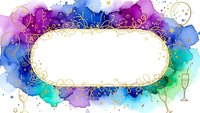 Watercolor celebration frame with purple blue teal splashes, gold ornate border, champagne glasses, stars and confetti for party invitations and festive designs.