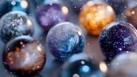 Magical cosmic glass marbles with swirling galaxy patterns inside, sparkling bokeh effects and mystical space-inspired colors in blue, purple, and orange tones.