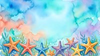 Colorful watercolor starfish border with coral, seaweed and ocean waves. Tropical marine life frame for summer designs, greeting cards and coastal decor.