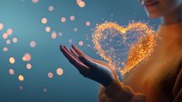 Young woman holding glowing golden heart made of light particles and connection lines against blurred bokeh background, magical romantic concept.