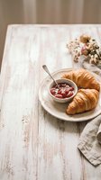 Freshly baked croissants served on white plate with jam in bowl, styled on rustic wooden table with flowers and linen napkin for breakfast or bakery concepts.