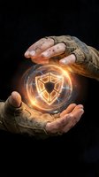 Hands protecting glowing shield symbol with digital effects representing cybersecurity, data protection and safety concepts for business technology.
