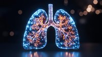 Glowing human lungs with bronchial tree illuminated in blue and orange neon lights against dark background with bokeh effect, medical science concept.