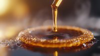Golden liquid drop creating ripple effect in amber fluid with crown splash formation against dark background, macro photography with selective focus.