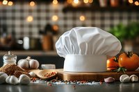 White chef hat on kitchen counter with cooking ingredients and warm bokeh lights in cozy home kitchen setting.
