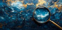 Magnifying glass on dark blue and gold marble texture background reveals cloudy sky detail, creating surreal exploration concept for creative designs.