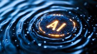Glowing AI symbol in rippling dark liquid surface creates futuristic technology concept with orange light effects and circular waves. Modern digital background.