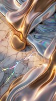 Liquid gold metallic waves flowing over cracked marble surface with holographic rainbow reflections creating luxurious abstract composition for modern design.