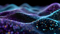 Abstract digital wave landscape with glowing particles in purple and turquoise tones on black background, creating futuristic technology visualization.