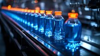 Plastic water bottles on automated production line with dramatic blue lighting and orange caps, conveyor belt moving drinks in modern beverage factory.