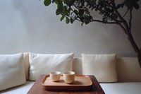 Minimalist living room corner with white sofa, wooden tray holding ceramic cups, and indoor plant creating zen atmosphere. Perfect for lifestyle and interior design.