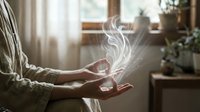 Person with light skin tone holding glowing energy waves in hands, representing wellness, meditation, and spiritual healing practices in modern interior setting.