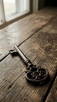 Antique ornate skeleton key resting on rustic weathered wooden surface near window, evoking mystery, history, and vintage charm.