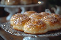 Freshly baked cinnamon rolls with vanilla glaze served on vintage lace doily plate, close-up view showing swirled dough and glistening frosting. Sweet breakfast pastry.
