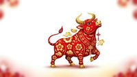 Red bull with golden horns and decorative patterns in traditional Asian style for lunar new year celebrations and festive designs.