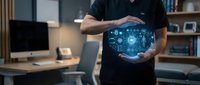 Professional man in black shirt holding glowing digital security hologram with lock icon and network connections in modern office workspace for cybersecurity concepts.