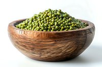 Fresh mung beans heaped in wooden bowl on white background, raw legumes for healthy cooking and plant-based protein source.