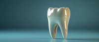 Glossy tooth with golden root section on teal background, suitable for dental clinics, orthodontics marketing, and healthcare presentations.