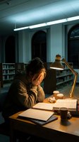 Stressed young woman studying late at night in library with desk lamp, books and coffee cup showing academic pressure and exhaustion during exam preparation.