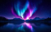 Vibrant aurora borealis dancing over mountain lake at night, colorful northern lights reflecting in calm water with silhouetted forest and starry sky.
