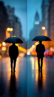 Silhouettes of two people with umbrellas on rainy city street at dusk, reflections on wet pavement amid glowing street lights and bokeh effects create moody atmosphere.