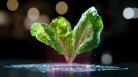 Fresh green lettuce leaf emerging from water splash with bokeh background, dramatic lighting highlights water droplets and plant details in macro photography.
