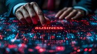 African American businessman hands over digital business interface with glowing red data visualization and analytics display showing market trends.