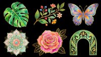 Colorful botanical clipart set with monstera leaf, rose, butterfly, mandala, floral branch, and arch on transparent background, ready for stickers, sublimation, t-shirt design.